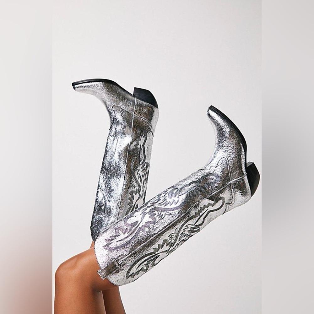 NEW Jeffrey Campbell Free People | Finn Tall Western Boots Silver Crackle